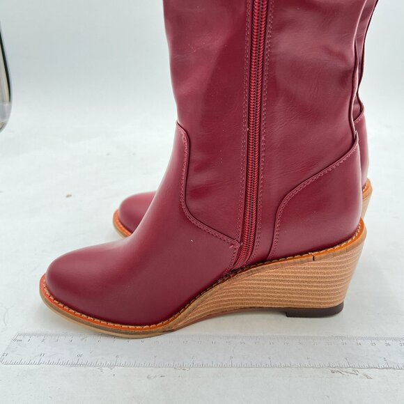 FSJ Red Side Zipper Wedge High Heel Point Toe Fancy Pull On Ladies Boot - Picture 2 of 8
